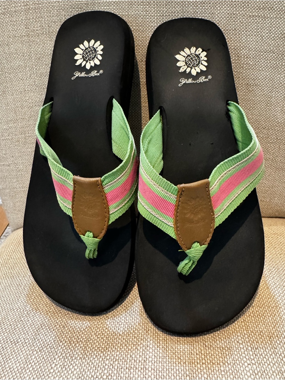 Yellow Box Black Flip Flop Sandals with Green and Pink Striped Straps